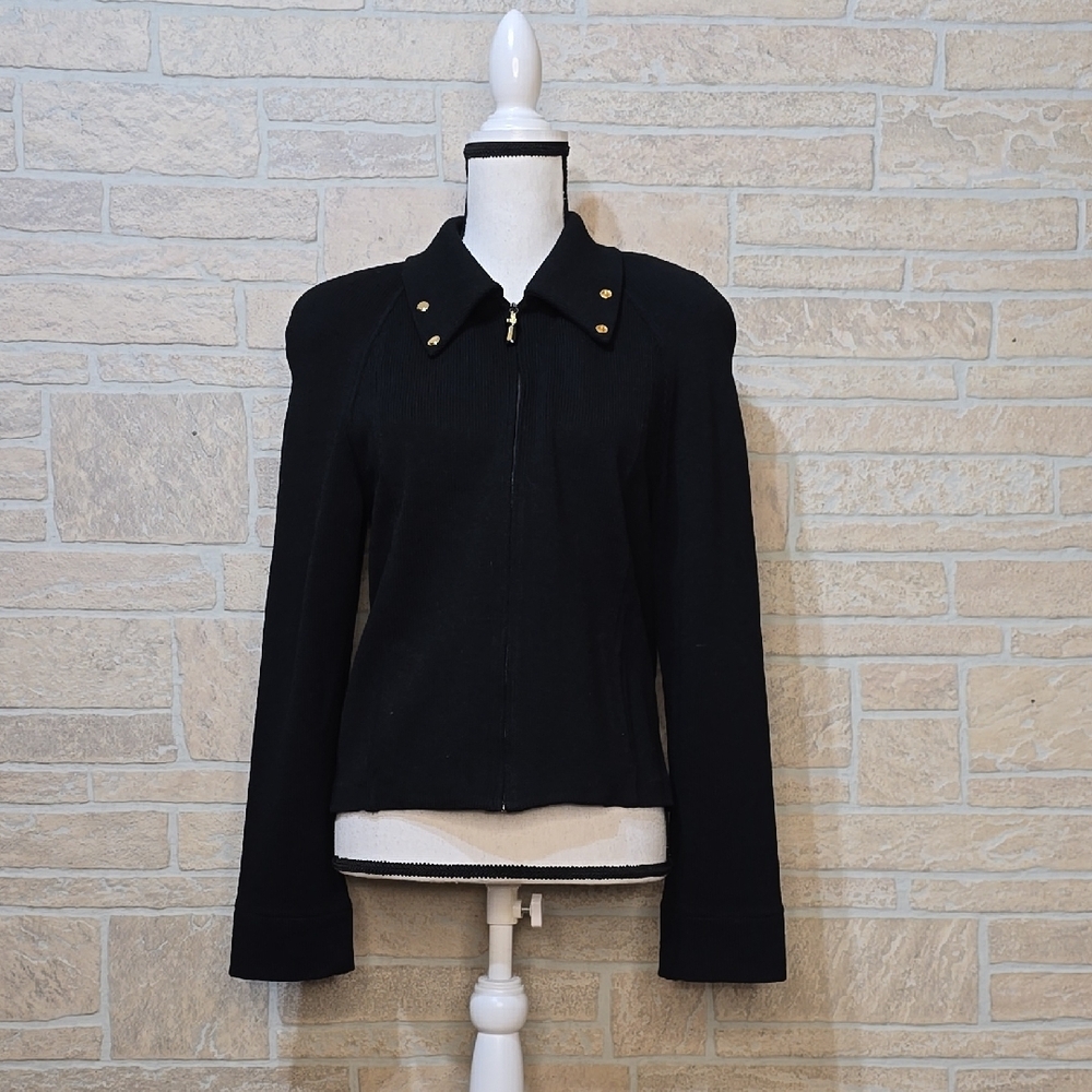 ST JOHN BY MARIE GREY SANTANA Black Women's ZIP Jacket GOLD ACCENTS